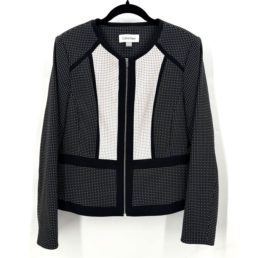 Calvin Klein Jacket Women 14 Black White Dot Colorblock Zip Front Peplum Career